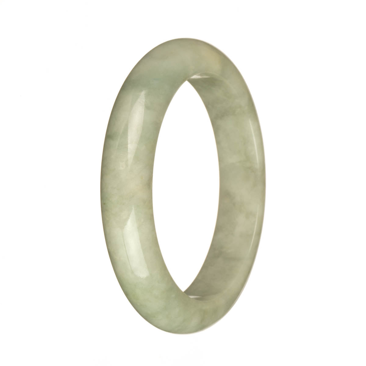 A stunning half moon bracelet made of authentic Type A light grey and pale green jadeite, featuring a deep green spot pattern. The bracelet has a diameter of 58mm and is a beautiful addition to any jewelry collection.
