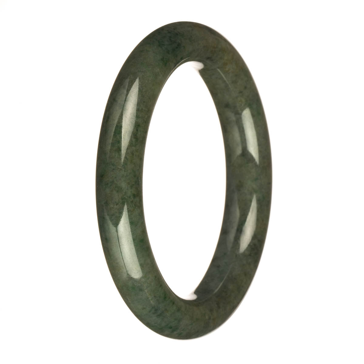 A close-up photograph of a round jadeite bangle with a diameter of 61mm. The bangle has a natural grey color with intricate apple green patterns swirling across its surface.