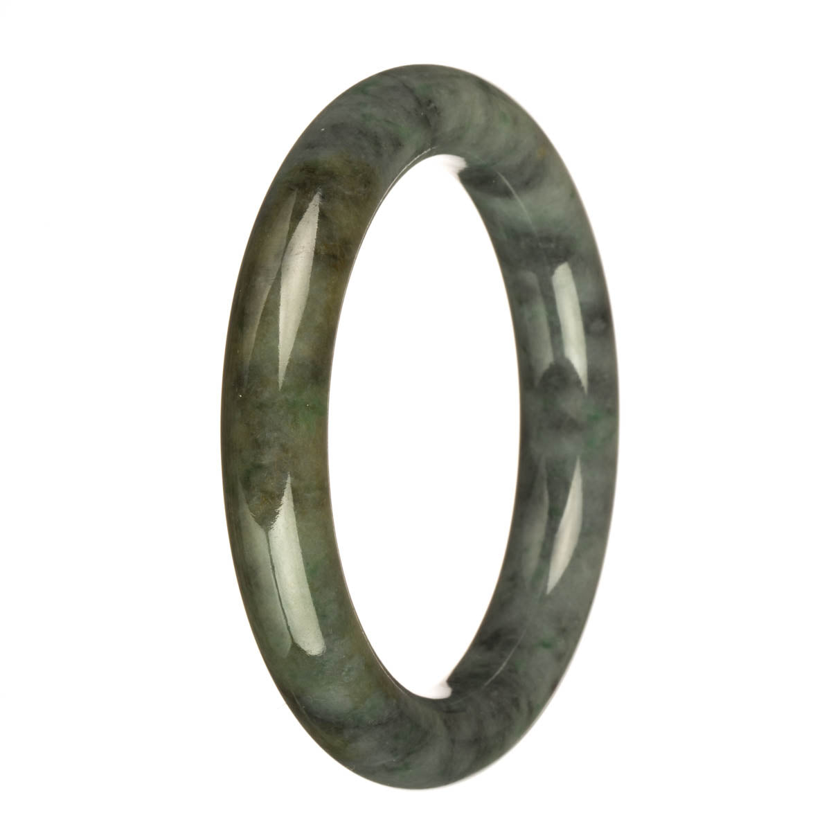 A jade bangle with a grey base color, featuring apple green, brown, and grey patterns. A stunning Burma Jade bangle showcasing a mix of vibrant apple green, brown, and grey patterns on a grey base.