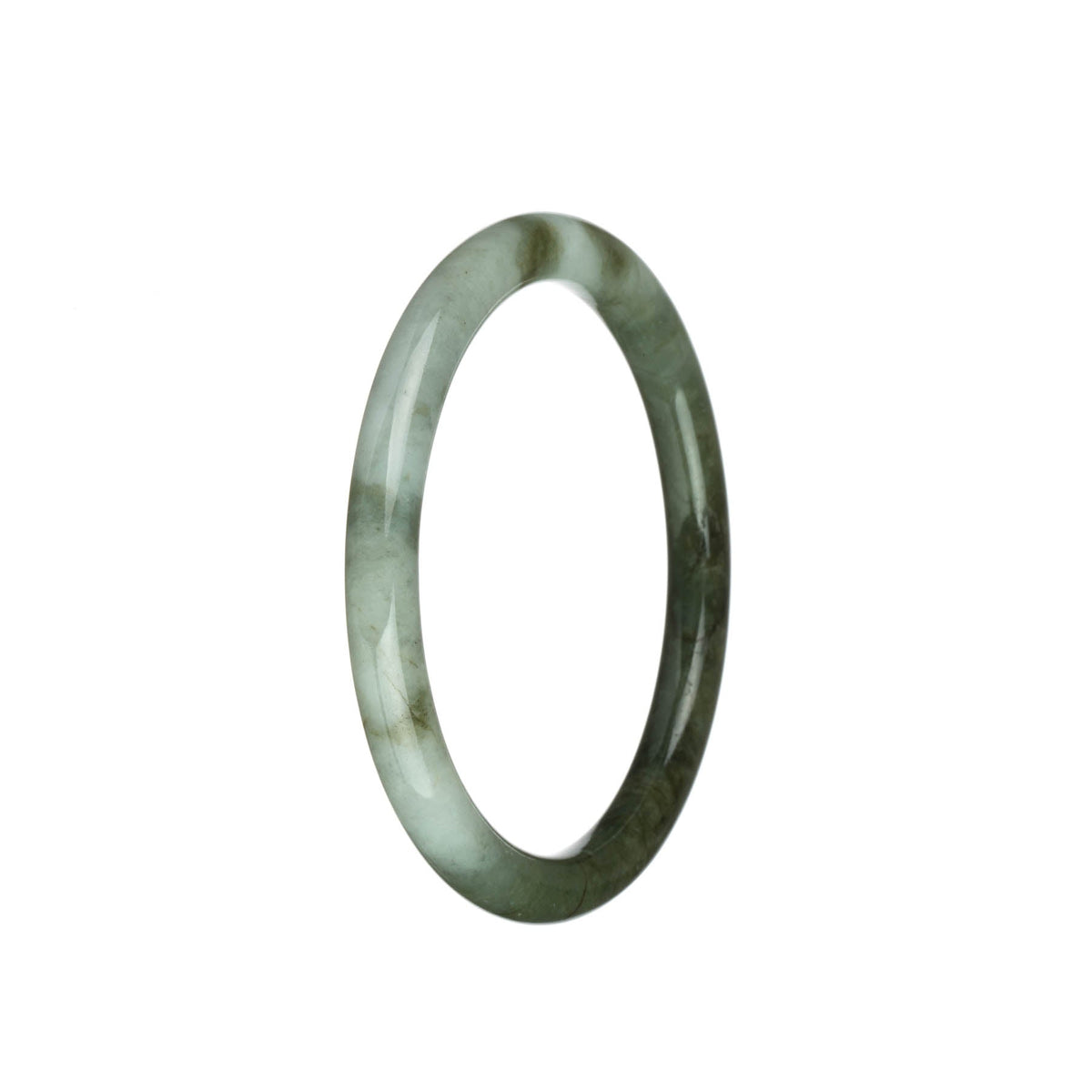 A beautiful olive green and white traditional jade bracelet, untreated and genuine. This petite round bracelet measures 61mm in size. Perfect for adding a touch of elegance to any outfit.