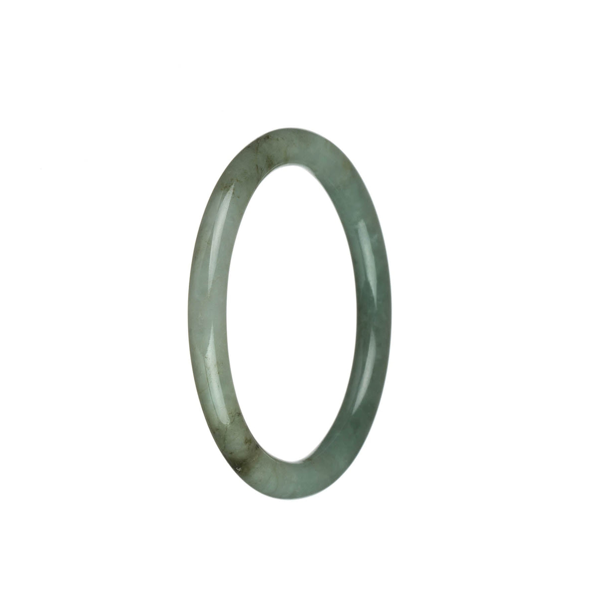 A close-up image of a delicate green jade bangle with a pale green hue. The bangle is round in shape and has a petite size of 57mm. It is a genuine Type A jade, sourced from MAYS GEMS.