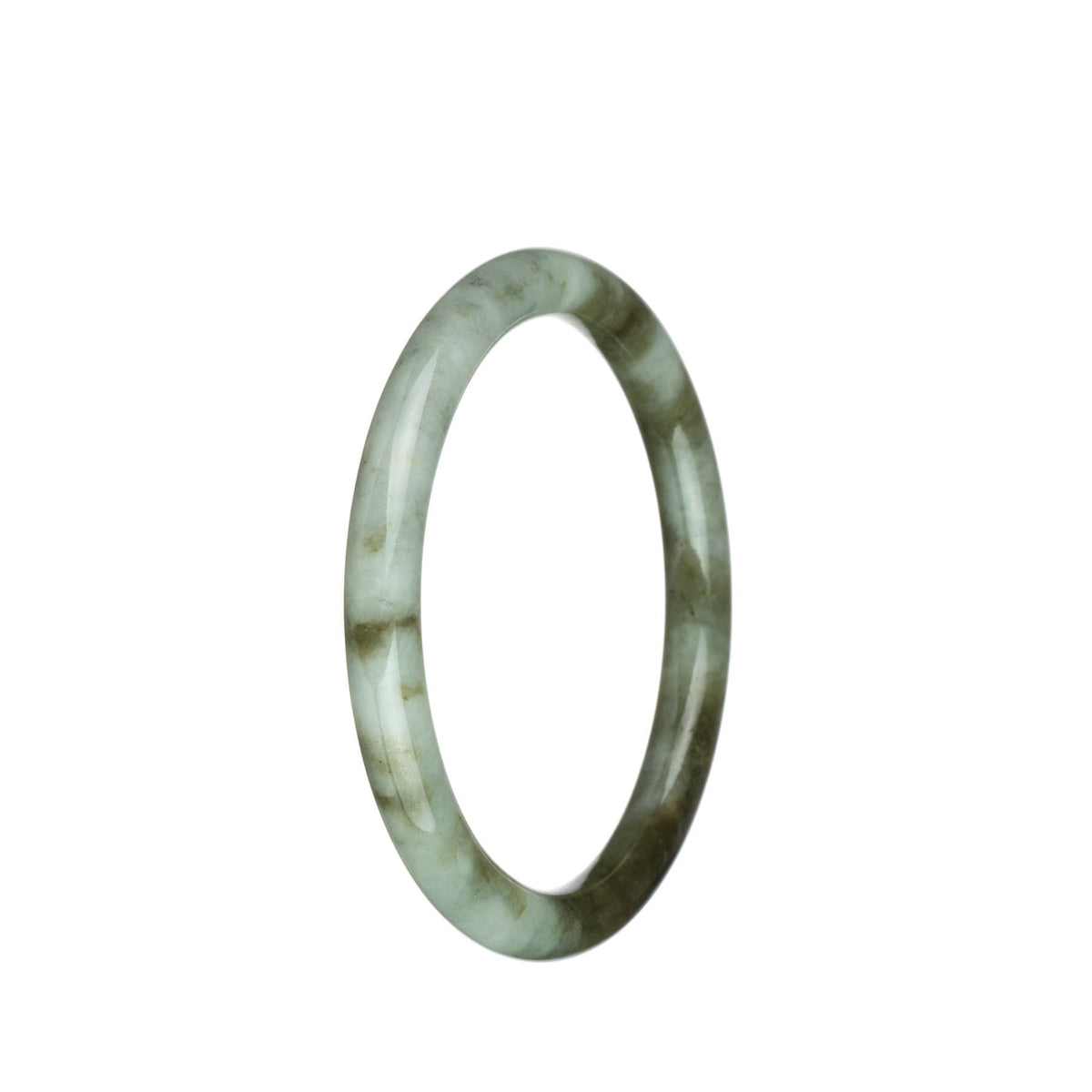 An elegant and petite round jadeite jade bangle, featuring authentic natural white with olive green and brown patterns.