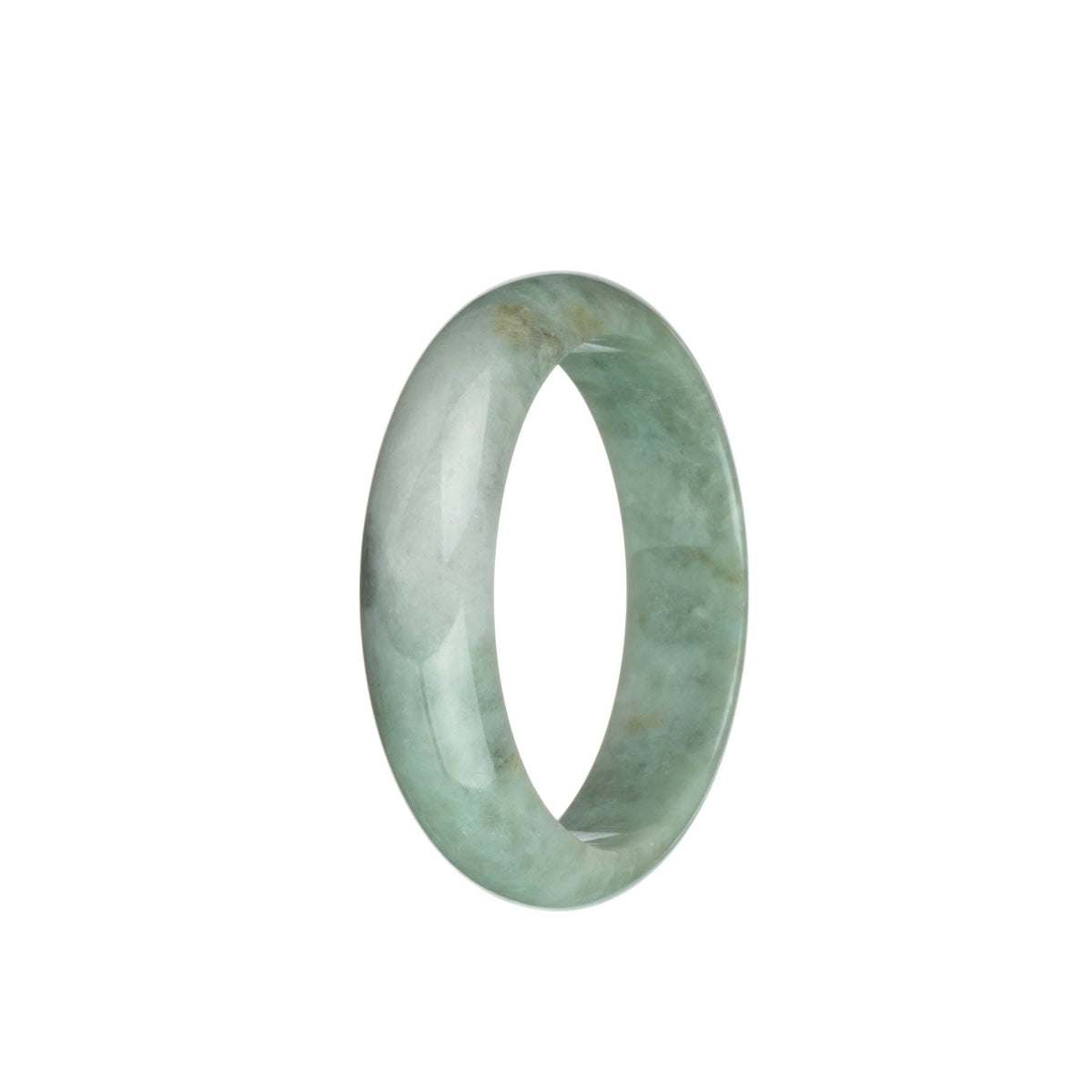 A close-up photo of a half-moon shaped bangle bracelet made from certified Type A light grey Burma jade. The jade has green and brown spots scattered across its surface. The bracelet measures 53mm in diameter.