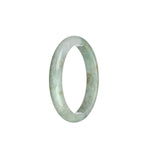 A light grey traditional jade bangle with pale green and brown spots, certified untreated. The bangle is in a half-moon shape, measuring 54mm in size. Offered by MAYS.