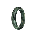 A close-up of a jade bangle with green, dark green, and light brown patterns. The bangle is shaped like a half moon and measures 60mm in diameter.