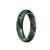 A close-up of a jade bangle with green, dark green, and light brown patterns. The bangle is shaped like a half moon and measures 60mm in diameter.