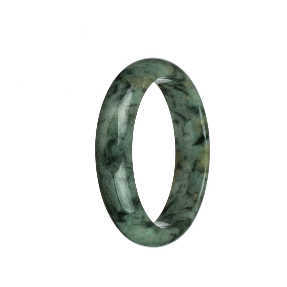 Close-up image of a beautiful jadeite bangle with a half-moon shape. The bangle features natural untreated green jadeite with intricate dark green and light brown patterns. Perfect for adding an elegant touch to any outfit.