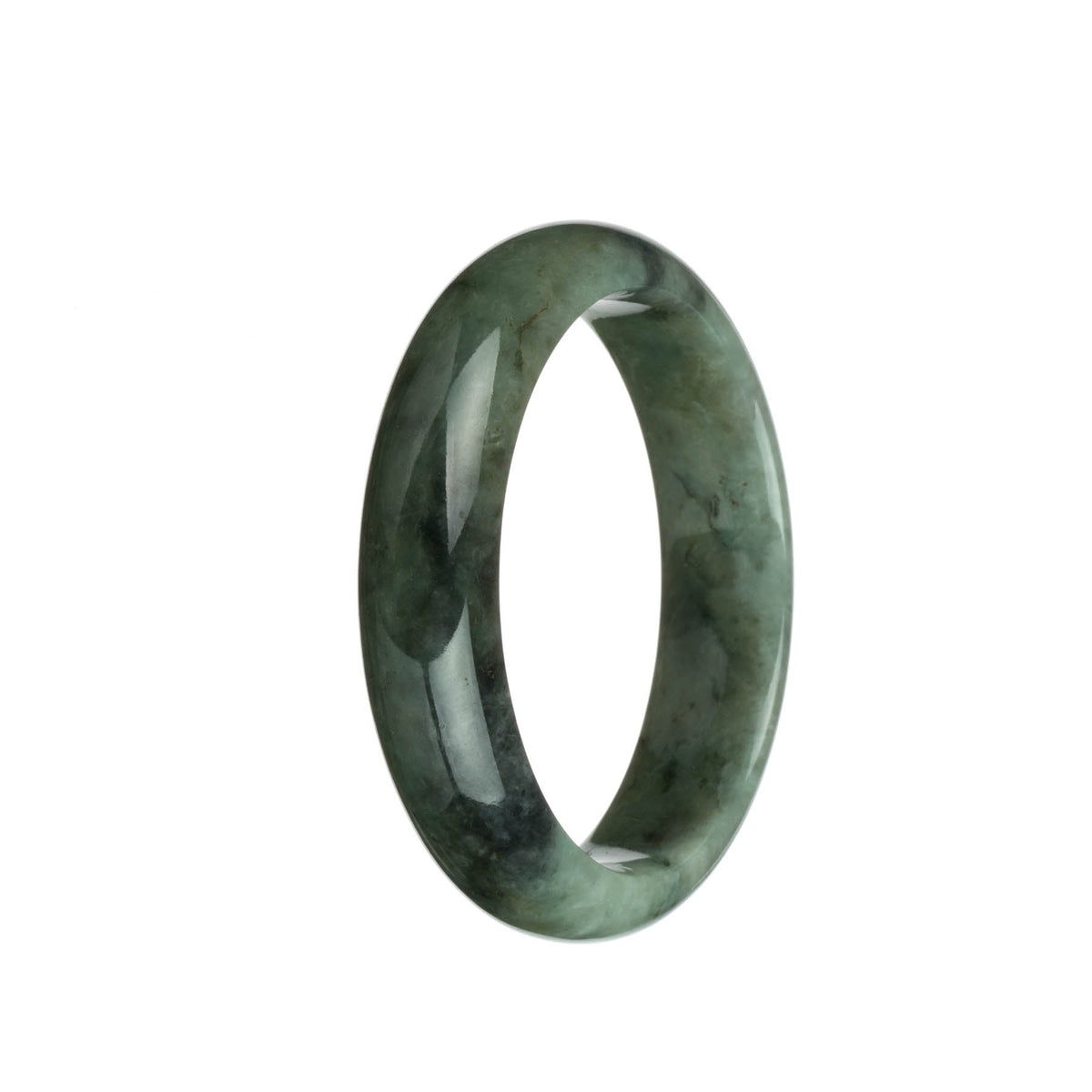 Certified Natural Green and Light Grey with Black Patterns Jadeite Bangle Bracelet - 60mm Half Moon