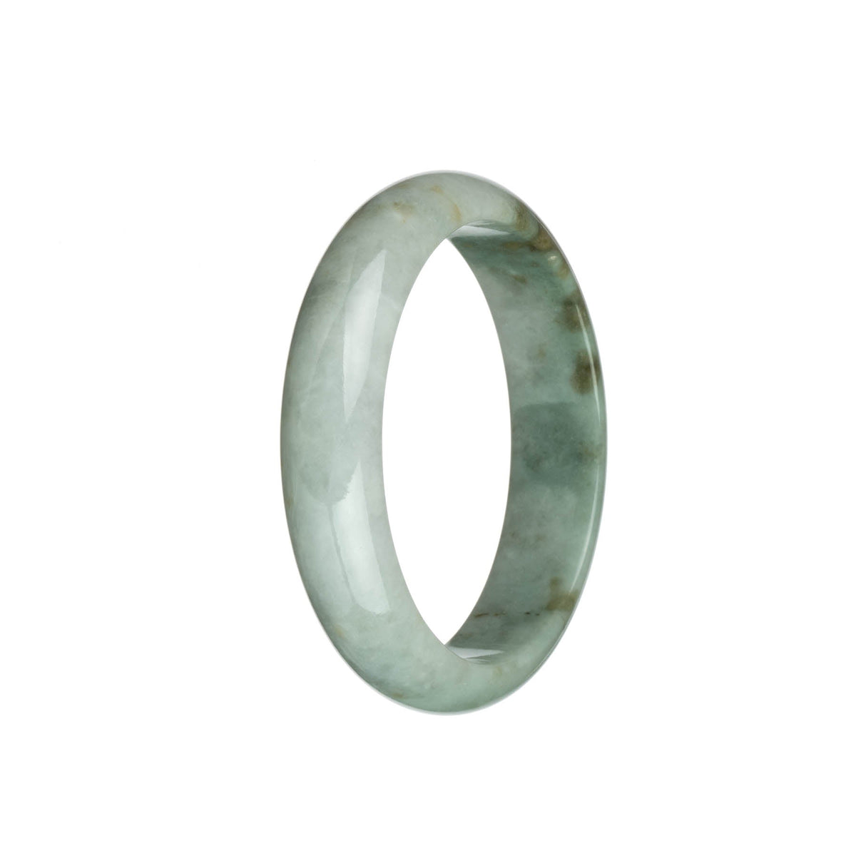 A half moon shaped jadeite jade bangle with natural light grey and light green hues, adorned with intricate brown patterns.