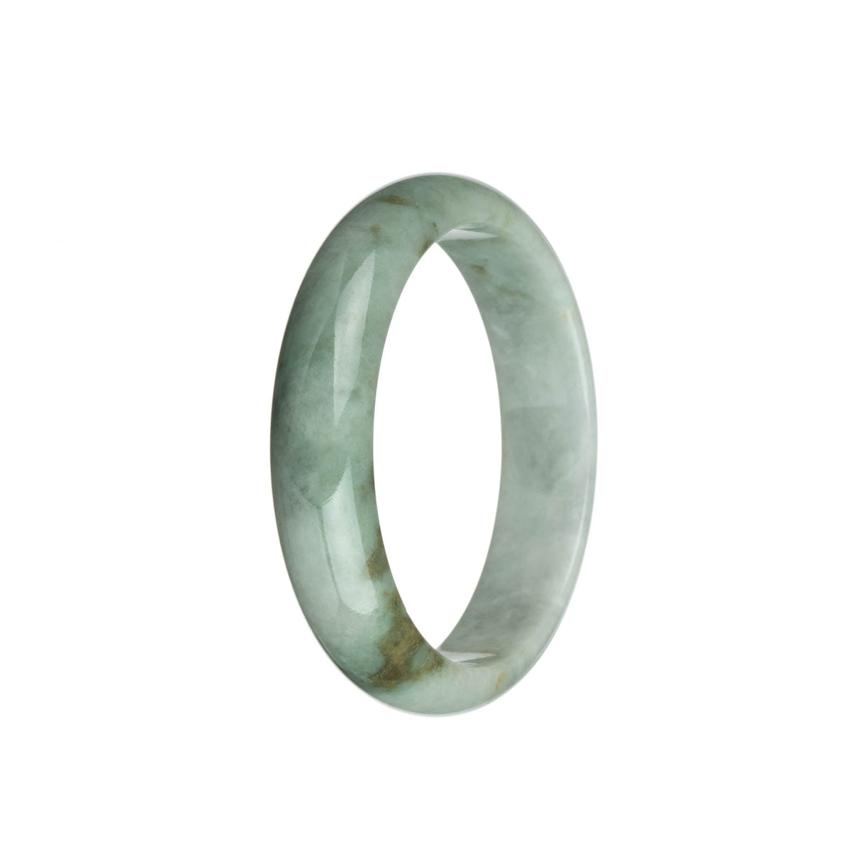 A traditional jade bangle bracelet, predominantly light grey and light green in color, with brown patterns. The bracelet is in a traditional style, with a half moon shape and a smooth polished surface.