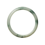 A close-up image of a beautiful green and white jadeite jade bangle bracelet, with a half-moon shape, measuring 56mm in diameter. The bracelet is made of genuine grade A jade, showcasing its exquisite and luxurious appearance.