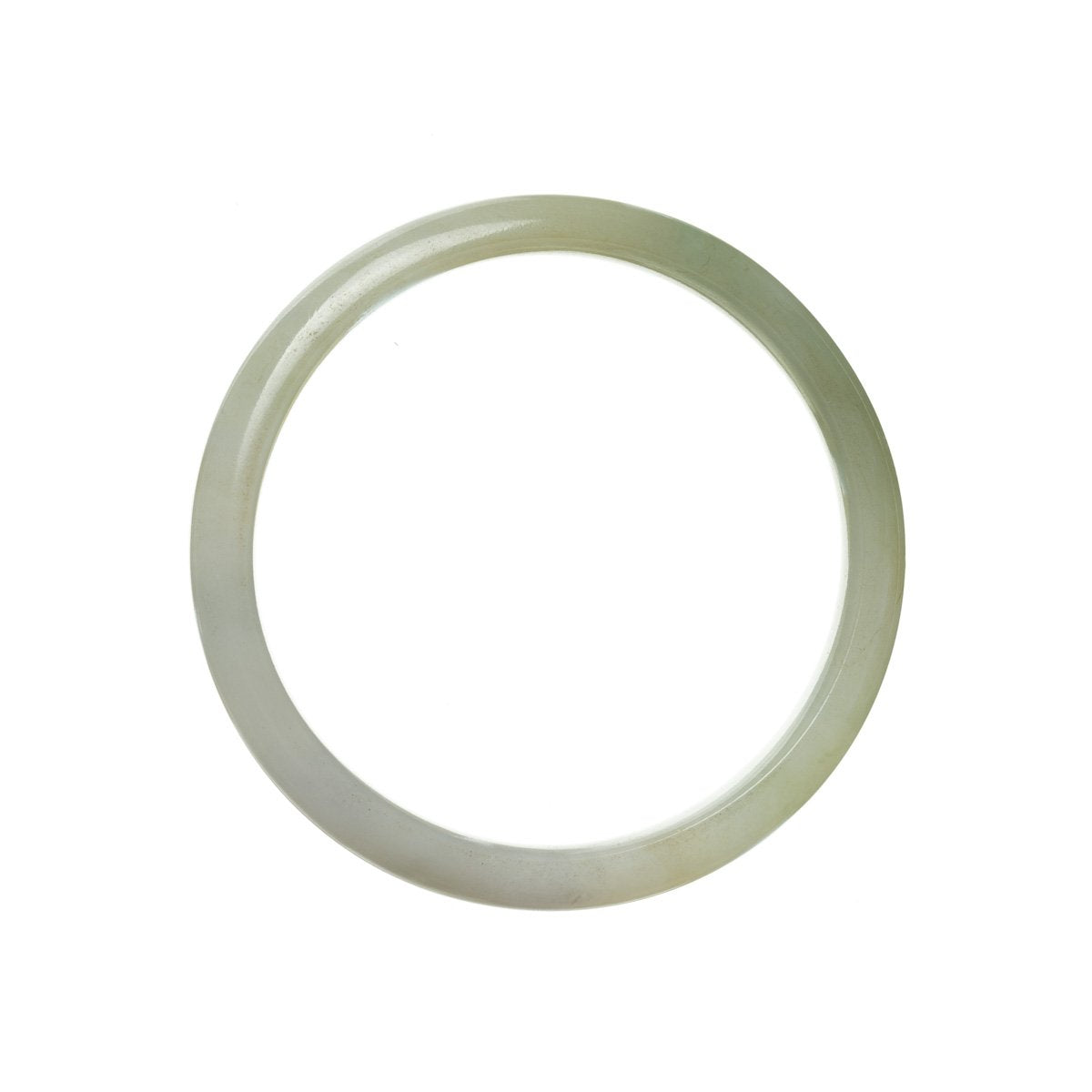 A close-up image of a genuine Grade A green and white jade bangle bracelet with a semi-round shape, measuring 54mm in diameter. The bracelet is from the brand MAYS.