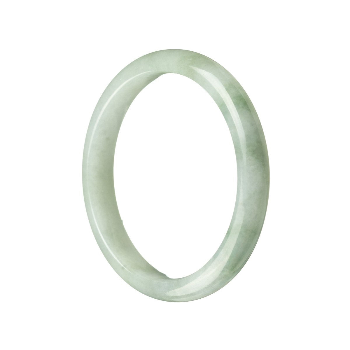 A close-up of a green grey traditional jade bangle bracelet, with a semi-round shape, measuring 55mm. This elegant and timeless piece is a must-have for any jewelry collection.