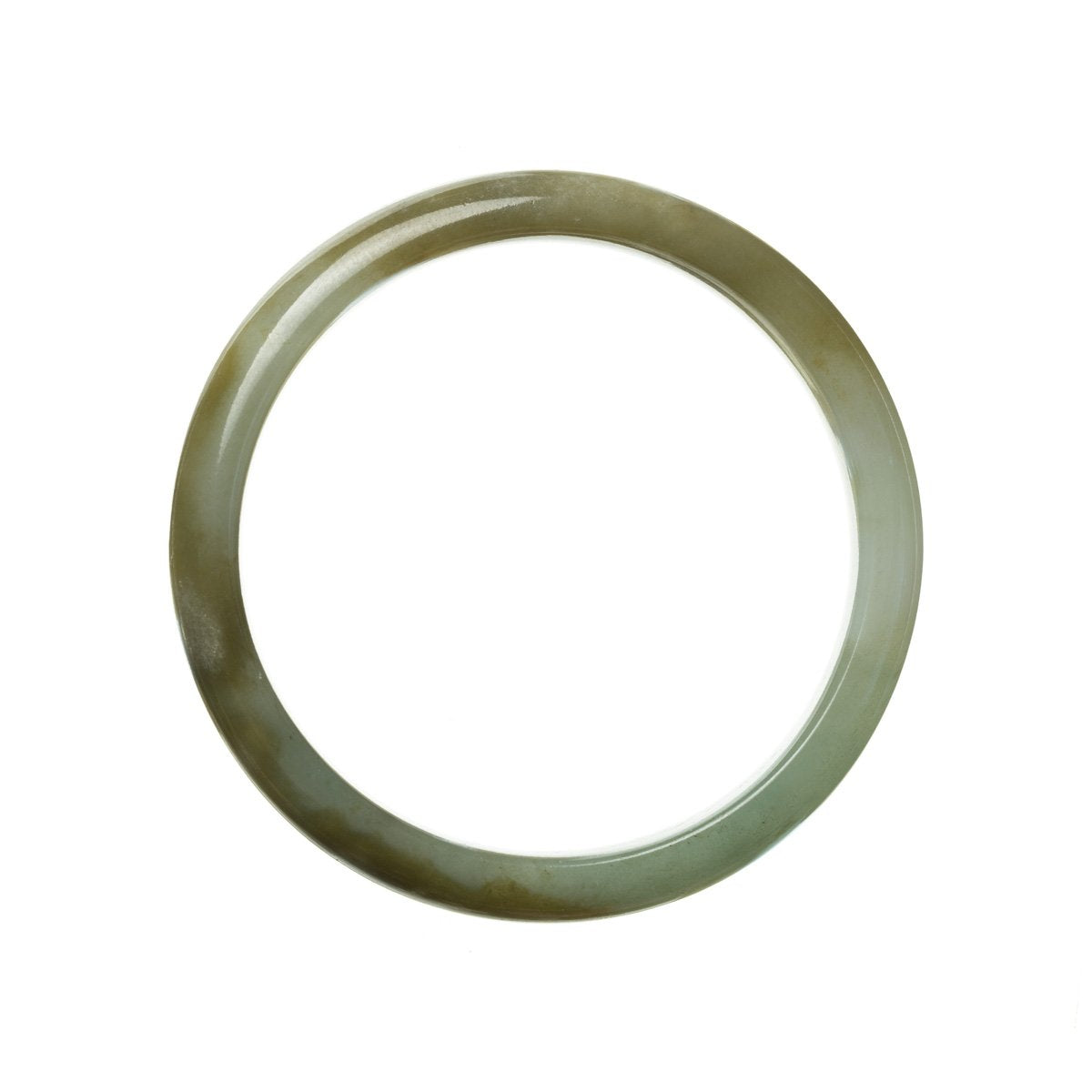 A close-up image of an authentic natural green and brown jade bangle, with a semi-round shape. The bangle has a traditional design and measures 56mm in diameter. Created by MAYS GEMS.