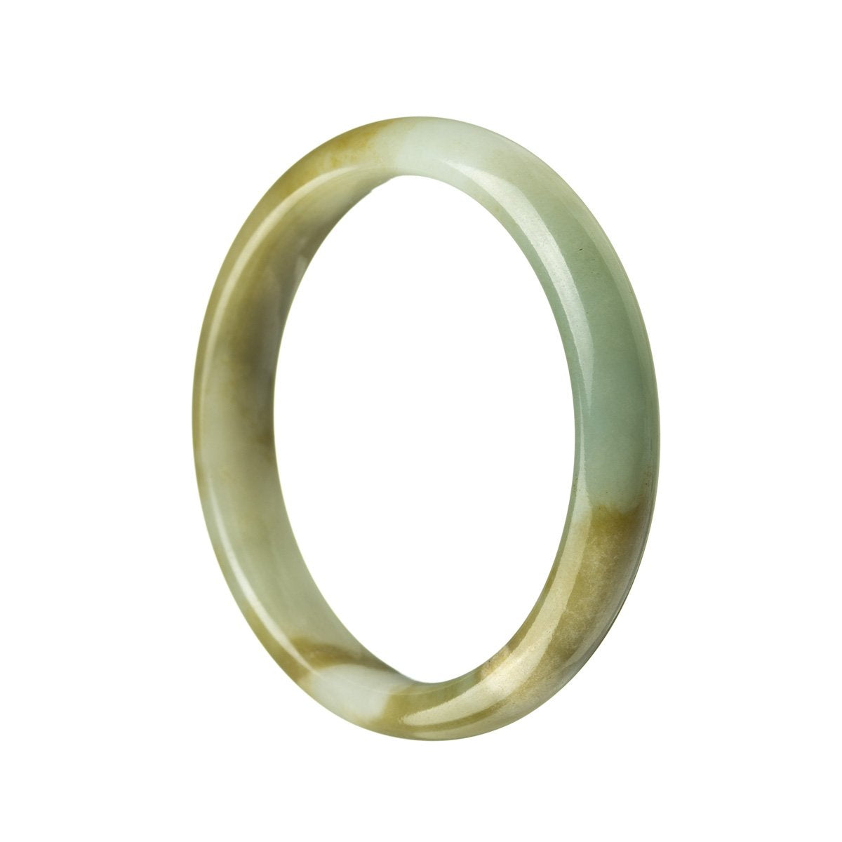 An image of a beautiful green and brown jade bangle, featuring a traditional design. The bangle has a semi-round shape and a diameter of 56mm. It is made from authentic grade A jade and is sold by MAYS.