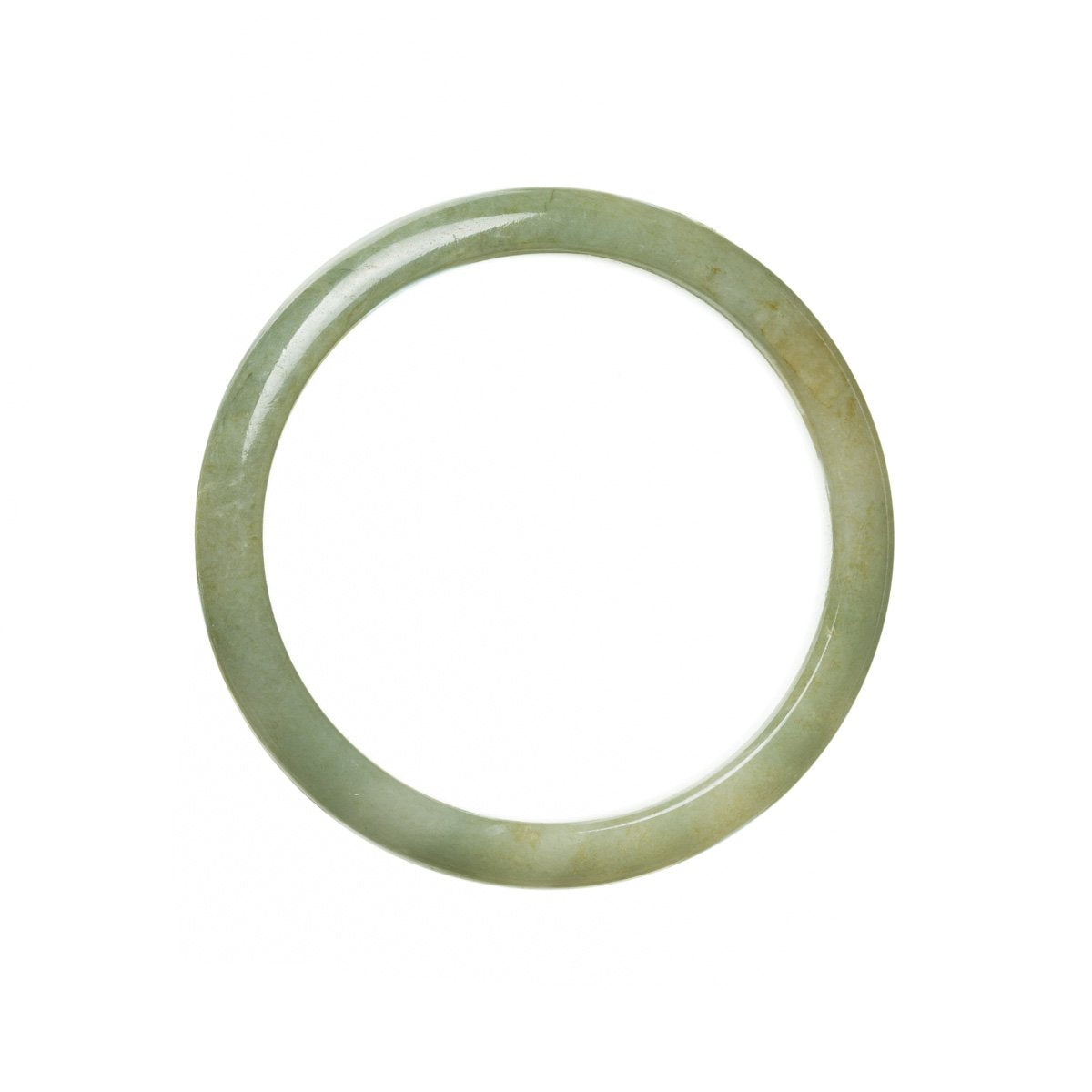 A close-up image of a beautiful brownish green Burma jade bangle, featuring a semi-round shape and measuring 56mm in diameter. This high-quality, genuine Grade A jade bangle is a stunning accessory for any occasion.