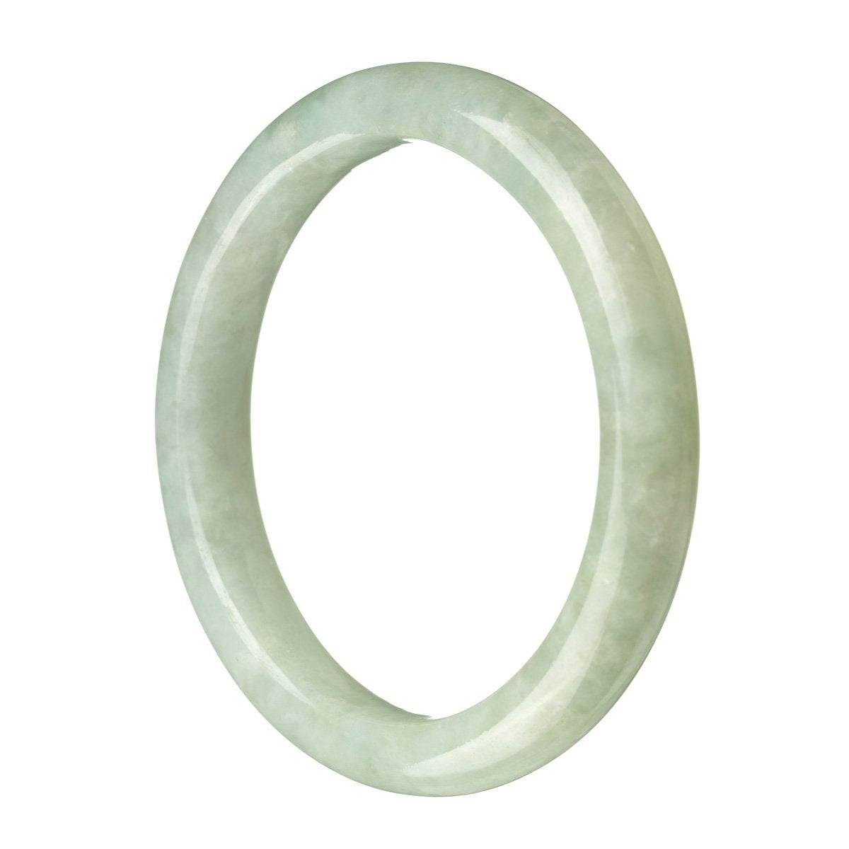 A light green traditional jade bangle bracelet, made from genuine Grade A jade. The bracelet is semi-round in shape and measures 63mm in diameter. Sold by MAYS GEMS.