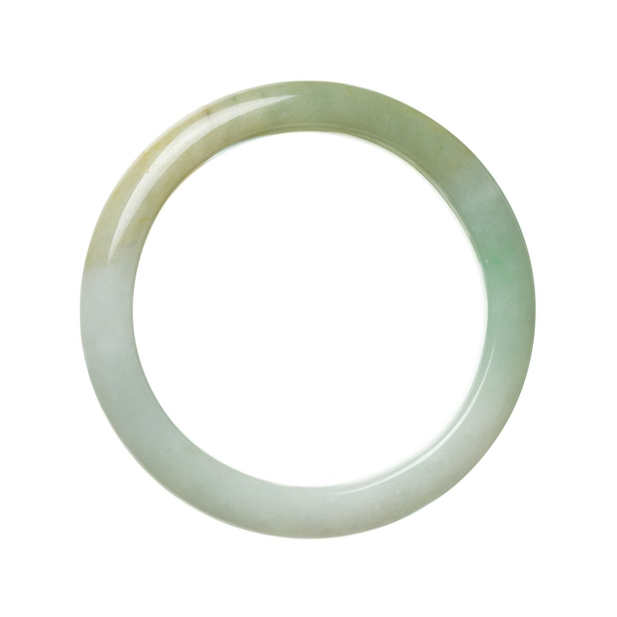 A round, genuine natural green Burmese jade bangle, measuring 63mm in diameter. The bangle is beautifully crafted and features a stunning shade of green. Perfect for adding a touch of elegance to any outfit.
