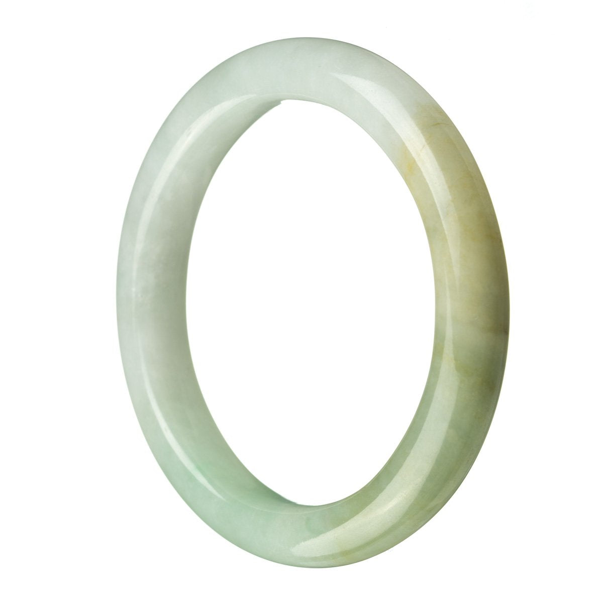 Close-up of a round green jade bracelet with a smooth surface and a shiny finish. The bracelet is made of genuine grade A green jade, known for its vibrant color and natural beauty. It measures 63mm in diameter, making it a perfect fit for any wrist size. The MAYS™ logo is engraved discreetly on the inner side of the bracelet.