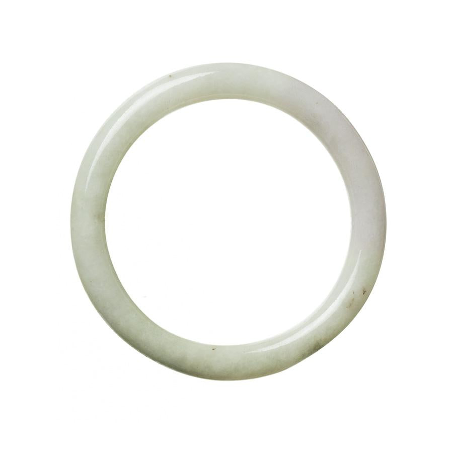 A close-up photo of a round, pale green lavender Burmese jade bangle with a diameter of 61mm. The bangle has a smooth surface and a genuine Type A jade classification. It is sold by MAYS.