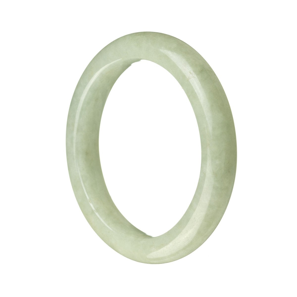 A close-up photo of a green jade bangle with a semi-round shape, measuring 56mm in diameter. The bangle is made of genuine grade A green jadeite jade and is branded as MAYS™.