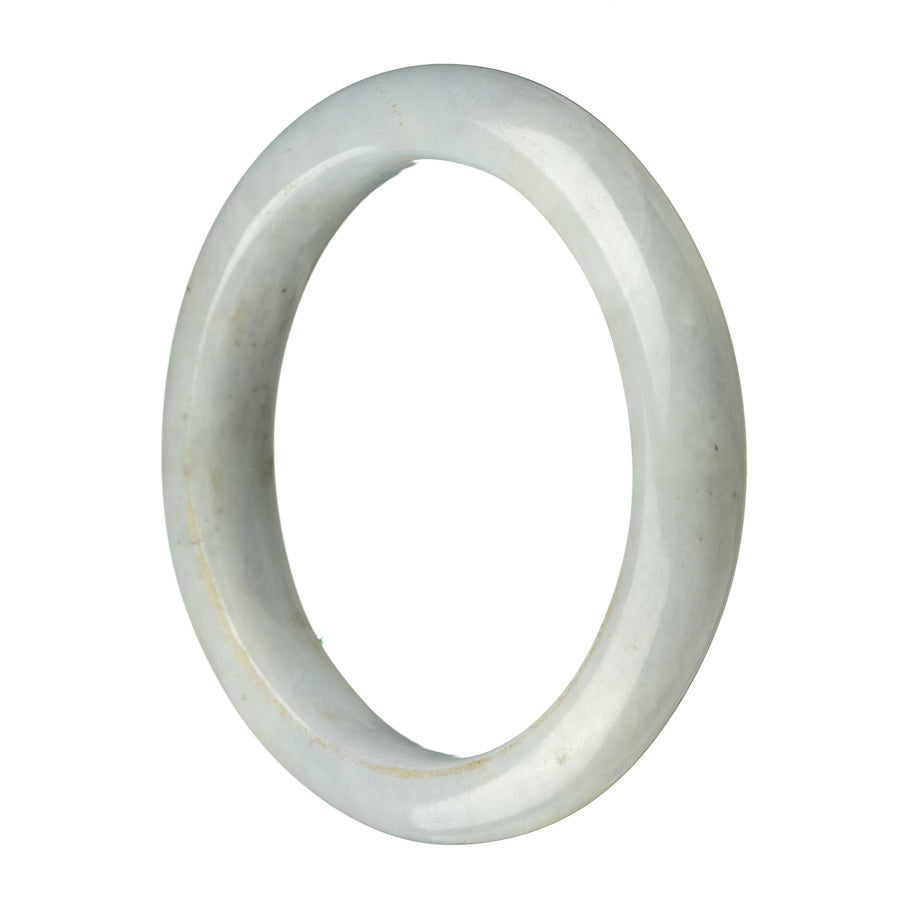 The item is a beautiful lavender-colored bangle made of Burmese Jade. It has a semi-round shape and measures 62mm in size. The jade is certified as untreated, enhancing its natural beauty. This exquisite piece is from MAYS GEMS.