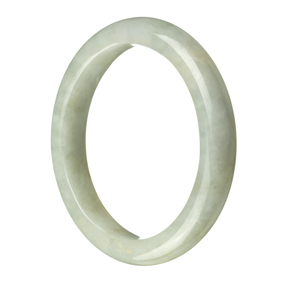 A pale green Burmese jade bracelet with a semi-round shape, measuring 64mm. MAYS offers this genuine Grade A piece for your collection.
