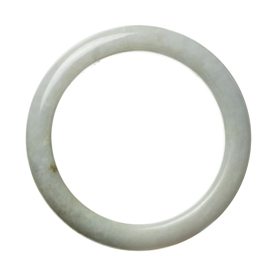 A close-up view of a genuine Grade A white jade bangle with a semi-round shape, measuring 62mm in diameter. It is offered by MAYS GEMS.