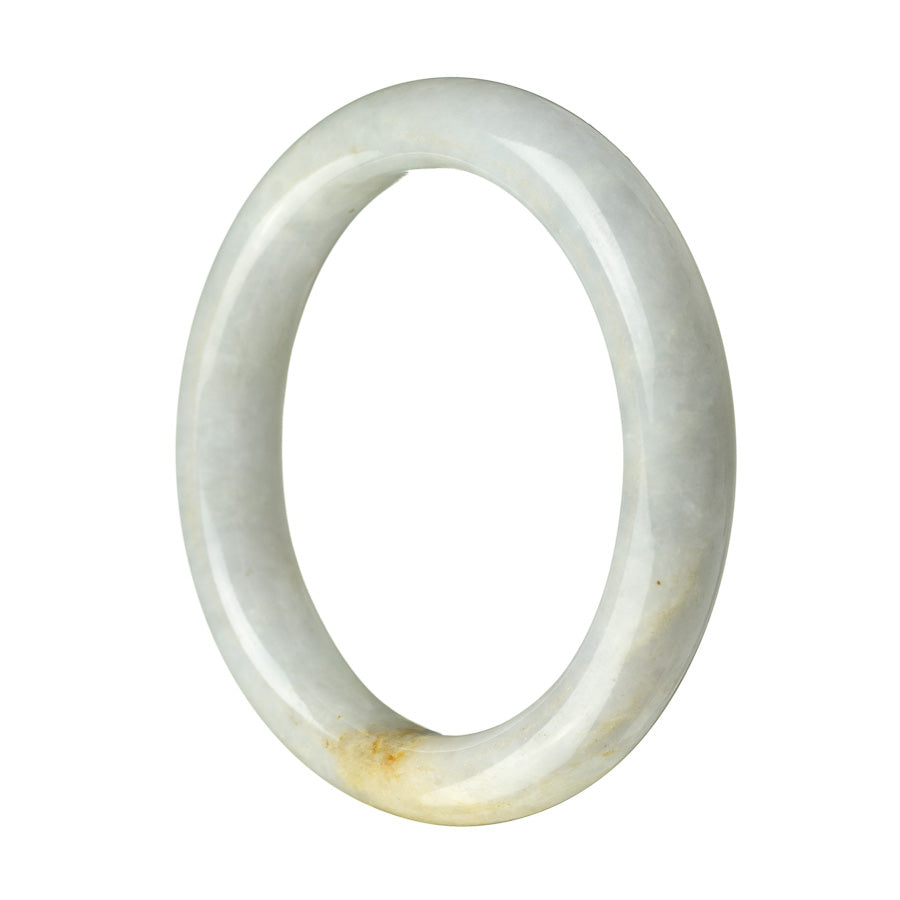 A lavishly designed, semi-round lavender jadeite bangle with an authentic Grade A quality. The bangle measures 59mm and features intricate details, making it a stunning piece of jewelry. Perfect for those seeking elegance and sophistication in their accessories.