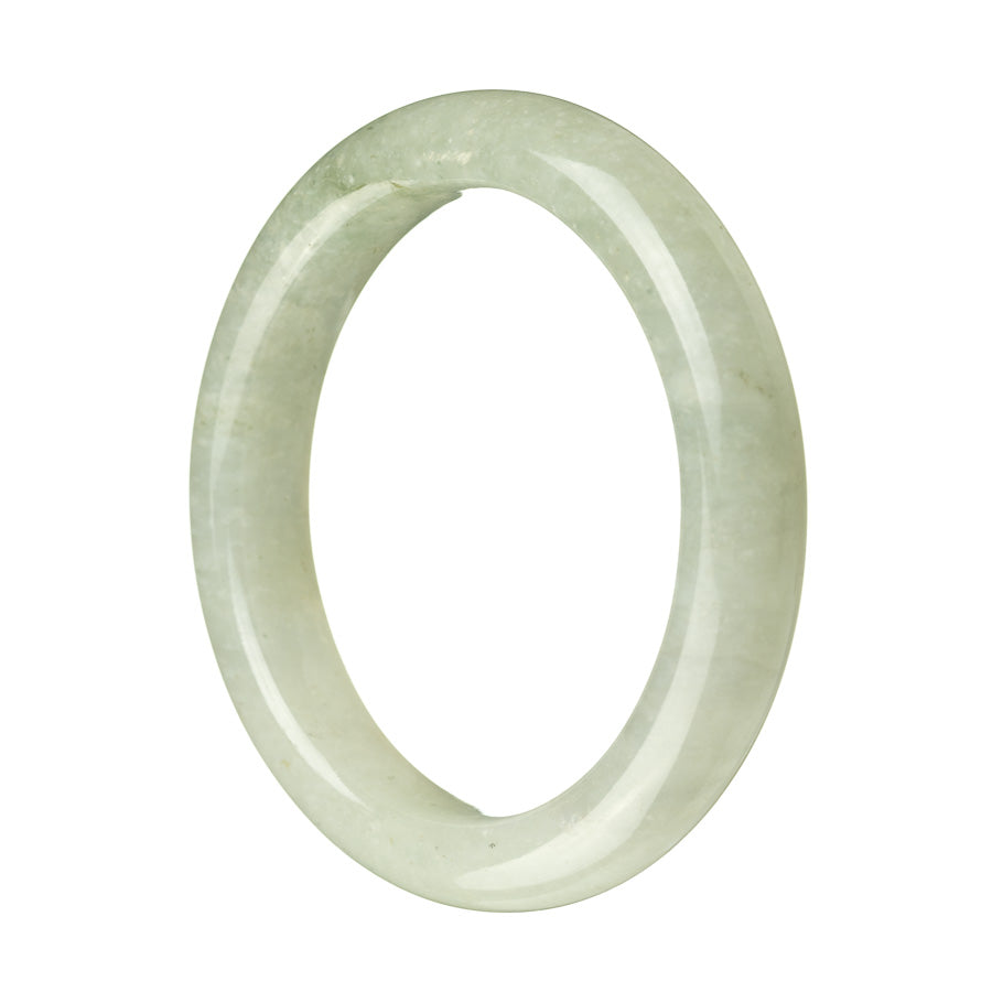 A pale green, semi-round jade bangle bracelet with a smooth and polished surface. The bracelet is made of authentic Type A traditional jade and measures 59mm in diameter. It exudes a timeless and elegant beauty.