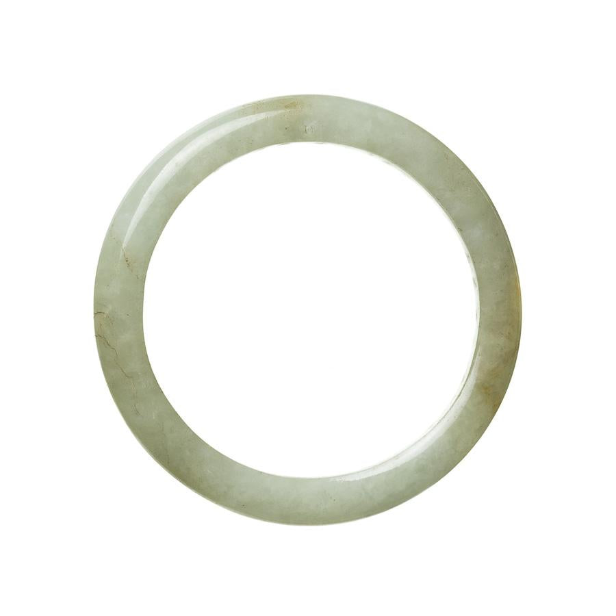 A close-up image of a beautiful, green jade bangle bracelet with a smooth, semi-round shape. The bangle is made of genuine, natural jade and measures 59mm in diameter. It is a stunning piece of jewelry from MAYS GEMS.