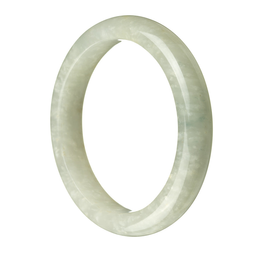 A close-up image of a pale green jade bracelet with a smooth, semi-round shape. The bracelet is made of certified Type A jade and has a diameter of 63mm. It is a beautiful piece of jewelry from the brand MAYS.