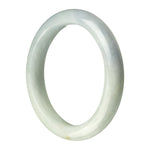 A close-up photo of a pale green lavender Burma jade bracelet. The bracelet has a semi-round shape and is made of genuine grade A jade. It measures 63mm in size and is sold by MAYS GEMS.