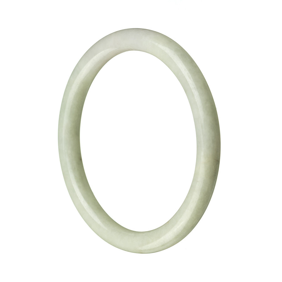 A close-up image of a round, pale green lavender Burma jade bangle with a diameter of 61mm. The bangle has a smooth and polished surface, showcasing the intricate natural patterns and hues of the jade.