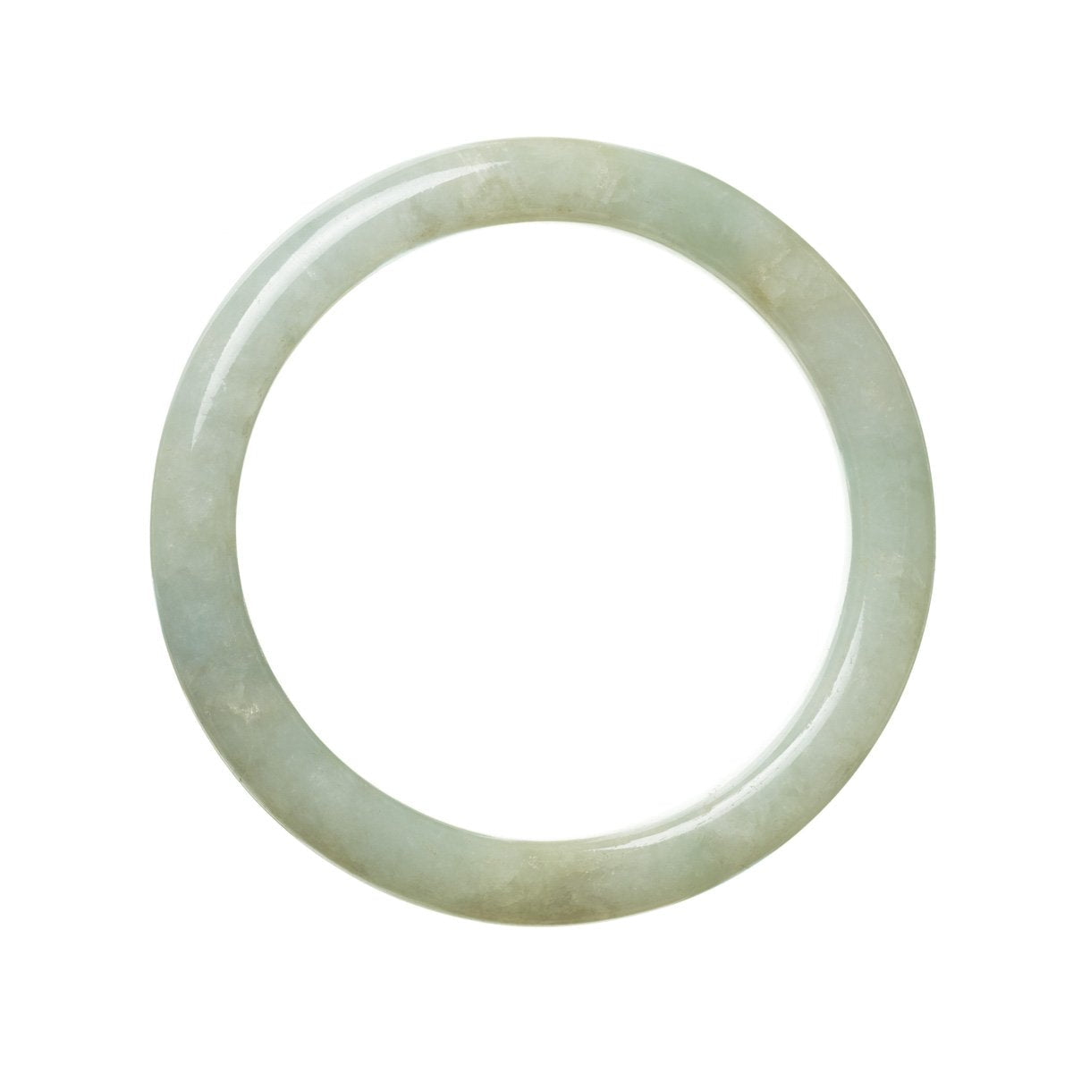 A close-up image of a pale green Burma Jade bangle with a 62mm semi-round shape. The bangle is made of certified natural jade and has a smooth, polished surface. It is a beautiful piece of jewelry from MAYS™.