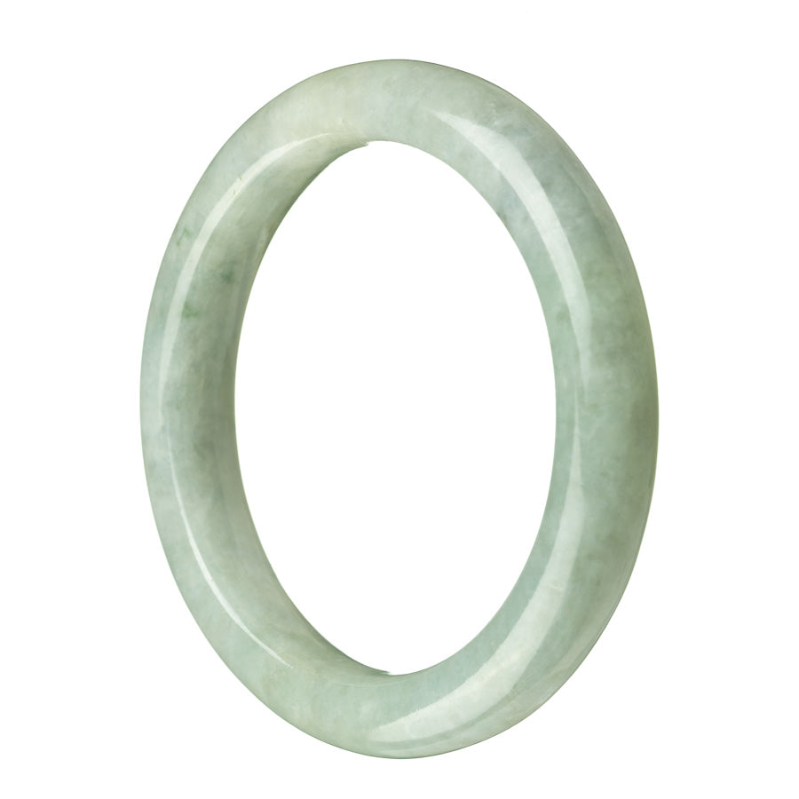 A close-up photo of a beautiful green jadeite jade bracelet, featuring a semi-round shape and measuring 62mm in diameter. The bracelet is crafted from genuine Type A green jadeite jade, known for its high quality and vibrant color. Perfect for adding an elegant touch to any outfit, this bracelet is a stunning piece from MAYS GEMS.