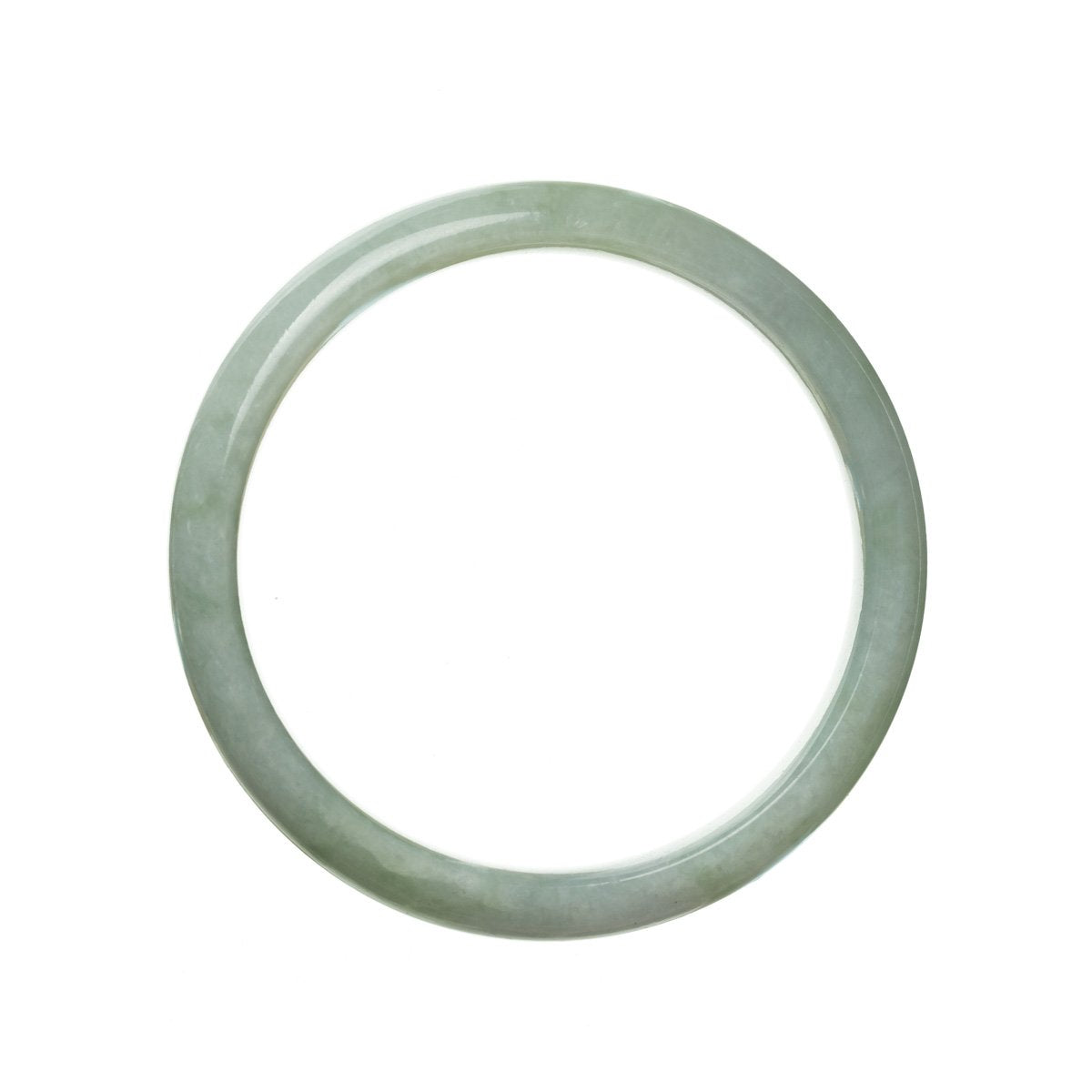 A close-up image of a light green jadeite bracelet with a half moon shape, measuring 57mm in size. The bracelet is made of genuine Type A jadeite and is a product of MAYS GEMS.