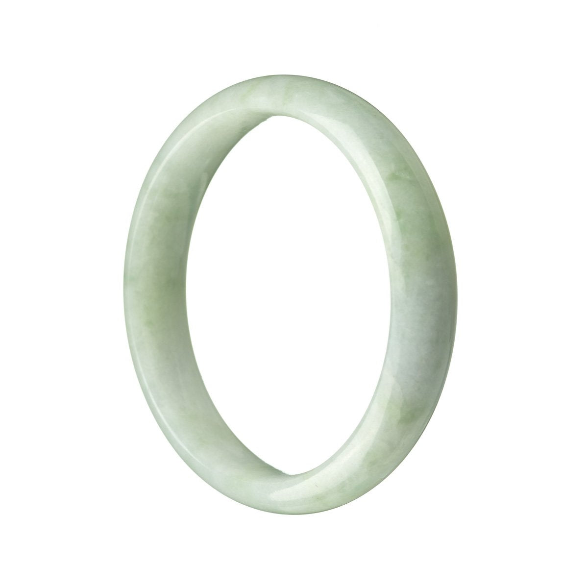 A close-up image of a light green jade bangle with a half-moon shape, measuring 57mm in diameter. The bangle is made of certified Grade A jade and is a product of the brand MAYS™.