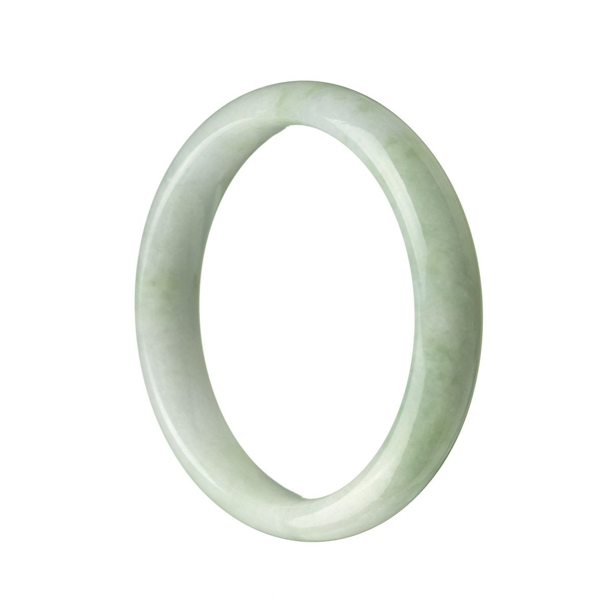 An exquisite, half-moon shaped Type A pale green lavender jadeite jade bangle measuring 57mm in diameter, sourced from MAYS GEMS.