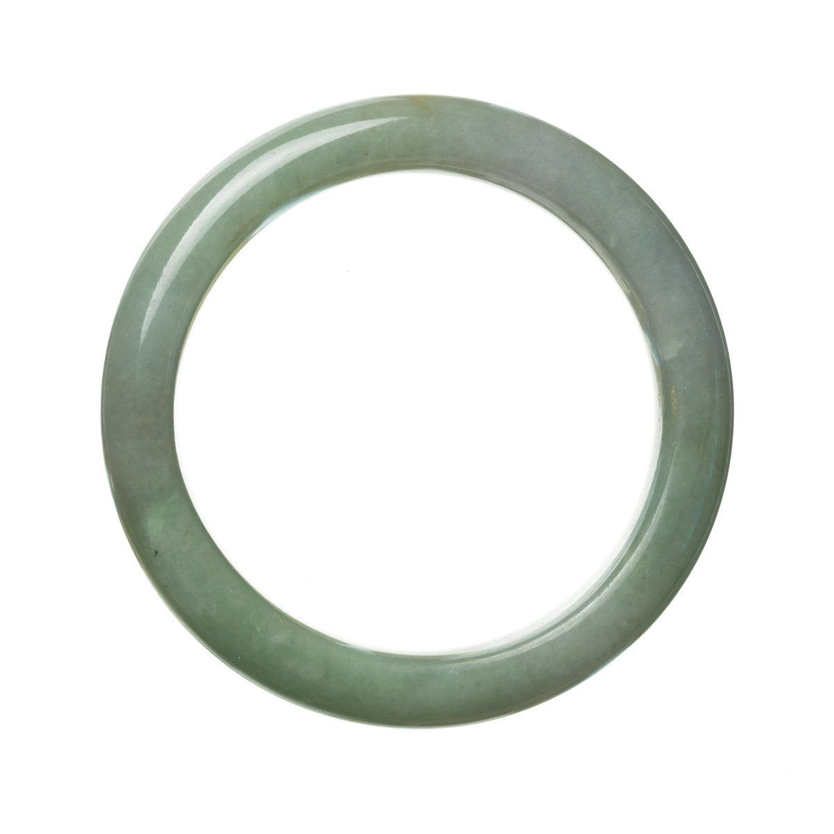 A close-up image of a semi-round, untreated green traditional jade bracelet with a diameter of 58mm. The bracelet is made of genuine jade and is sold by MAYS GEMS.