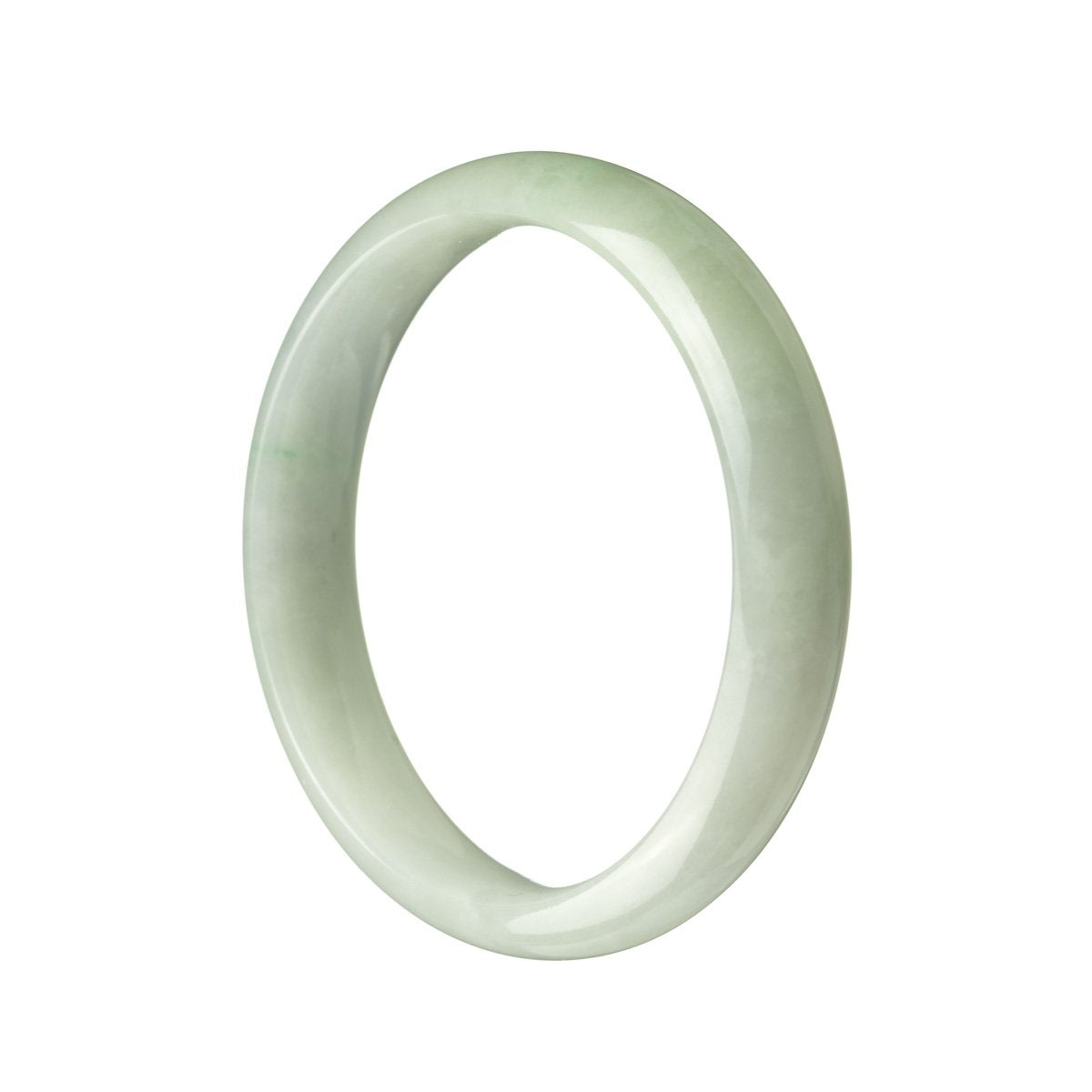 A close-up view of a jade bangle bracelet in a light green color. The bracelet is round with a smooth surface, and it is worn on a wrist. The jade stone has a traditional design, and its natural light green color adds a touch of elegance. This bracelet measures 56mm in diameter and has a semi-round shape. It is a certified product from MAYS GEMS, a reliable source for authentic jade jewelry.