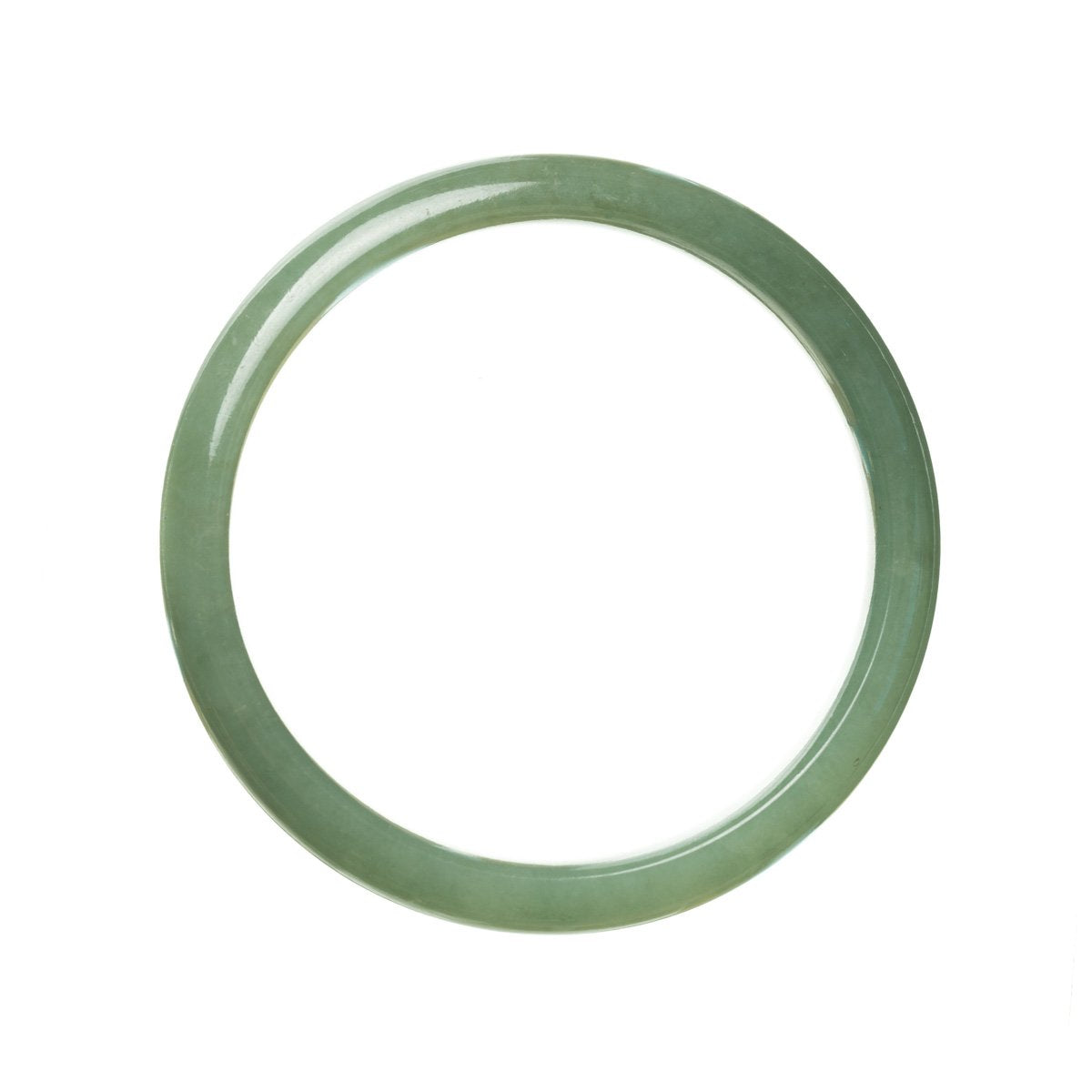 A close-up photo of a beautiful green jadeite bracelet, showcasing its semi-round shape and smooth texture. The bracelet is made of genuine Grade A jadeite, measuring 59mm in size. A luxurious jewelry piece by MAYS™.