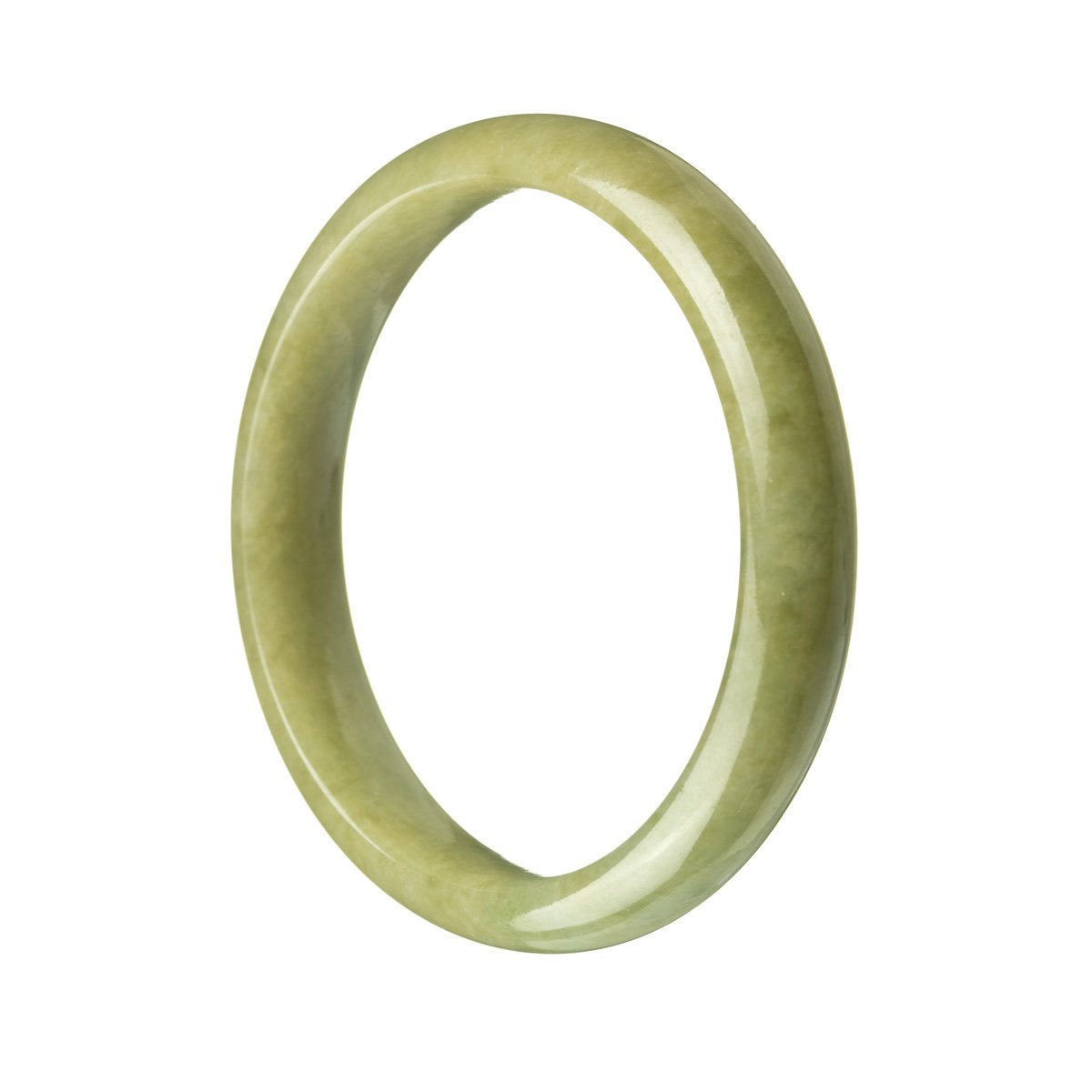 A close-up photo of a beautiful, semi-round jade bangle in a vibrant shade of green. The bangle is made from genuine Grade A Green Burma Jade and measures 58mm in diameter. It features a smooth, polished surface, showcasing the natural patterns and translucency of the jade. The bangle is a timeless piece of jewelry from the MAYS™ collection.