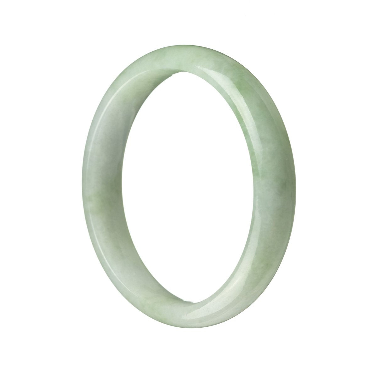 A half-moon shaped, light green jade bangle bracelet with a polished finish.
