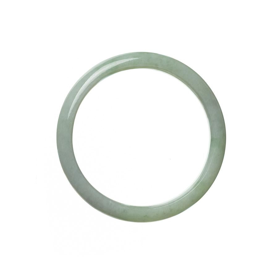 A close-up photo of a pale green jadeite bracelet with a half-moon shape. The bracelet is made of genuine Grade A jadeite and measures 56mm in diameter. It is sold by MAYS GEMS.