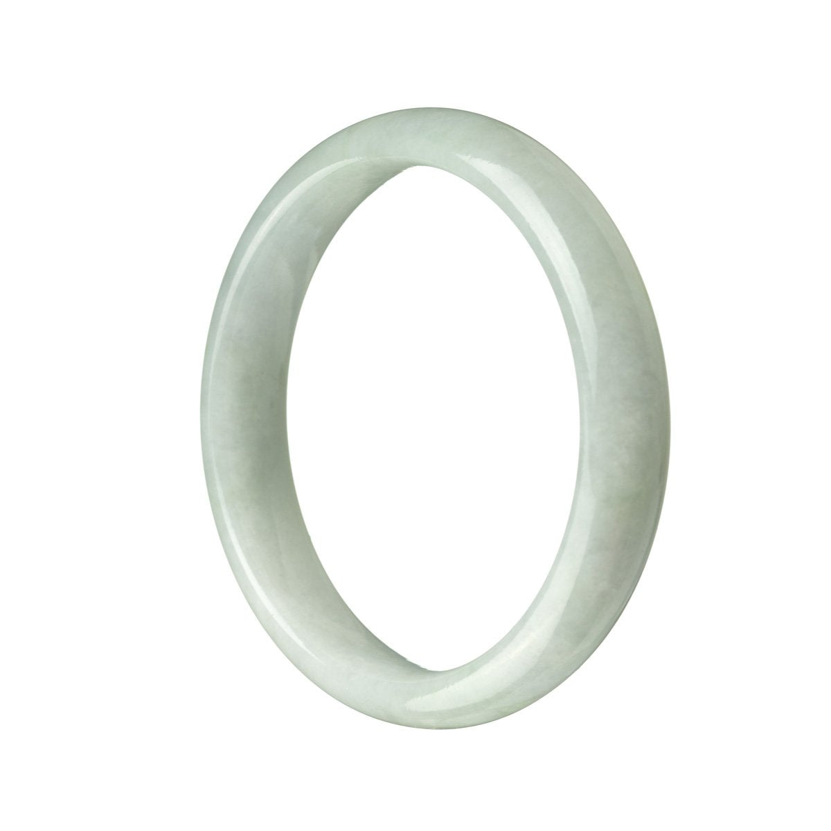 Close-up of a pale green jade bracelet with a semi-round shape, measuring 56mm. Crafted from Grade A jadeite jade, this elegant bracelet from MAYS GEMS shines with its natural beauty.