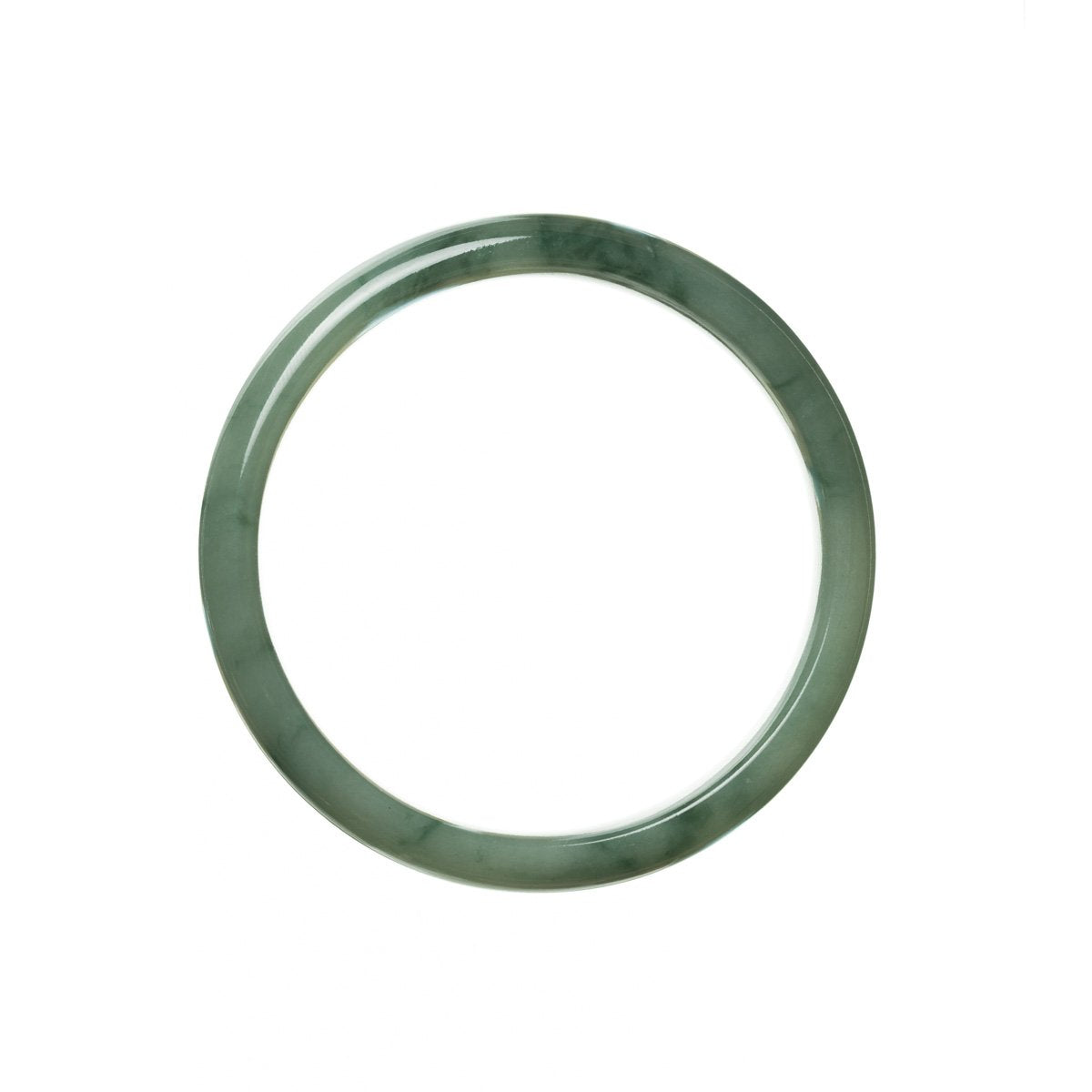 A close-up photograph of a vibrant green jadeite bangle with a smooth, half-moon shape. The bangle is made of high-quality jadeite and has a diameter of 58mm. It shines under the light, showcasing its natural beauty and elegance.