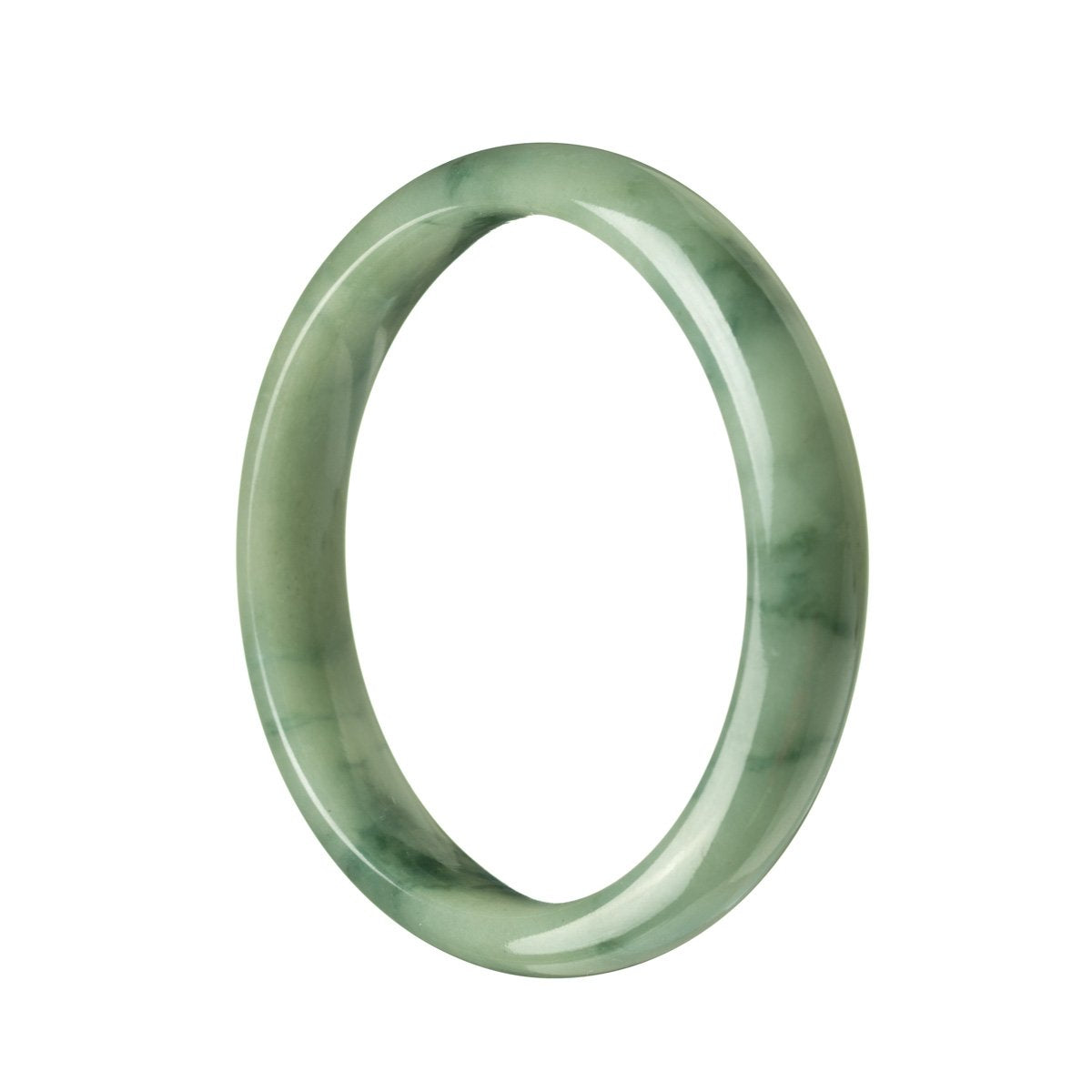 A stunning jade bracelet featuring a mix of vibrant green hues, crafted from authentic Grade A Burmese jade. The bracelet showcases a half moon design and measures 58mm in size. A true gem from MAYS GEMS.