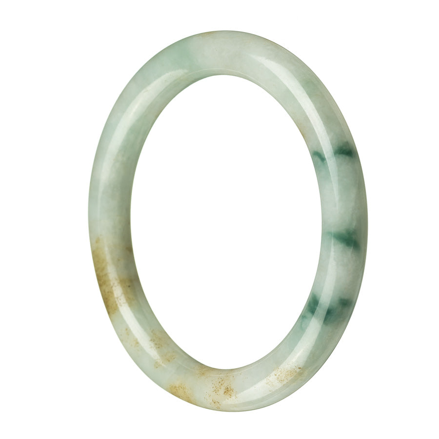 A round, 63mm bangle bracelet made of genuine Grade A green and brown mix jadeite. Perfect for adding a touch of elegance to any outfit. Sold by MAYS GEMS.