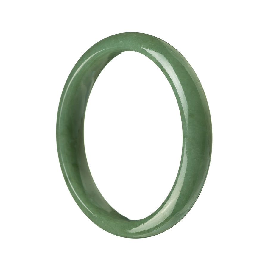 A close-up photo of a green jade bangle bracelet with a half-moon shape. The bracelet appears to be made of genuine Type A Green Burma Jade. The intricate patterns and smooth texture of the jade are visible, showcasing the beauty of this precious gemstone.